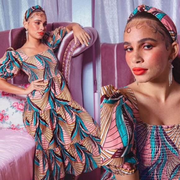 Autumn Adeigbo Della African Leaf Print Dress Smocked Pink Colorful - Picture 2 of 14